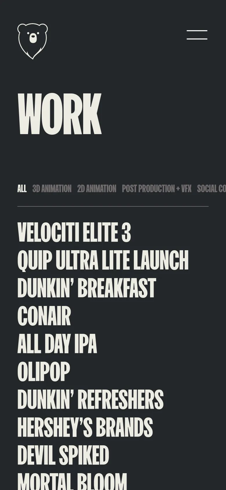 The mobile version presents a simplified vertical layout on a dark background. The large 'WORK' headline is positioned at the top, followed by a scrollable horizontal category filter. Below, the project titles are listed in a large, bold, white sans-serif font in a single vertical column, and the header features a centered bear logo with a hamburger menu icon.