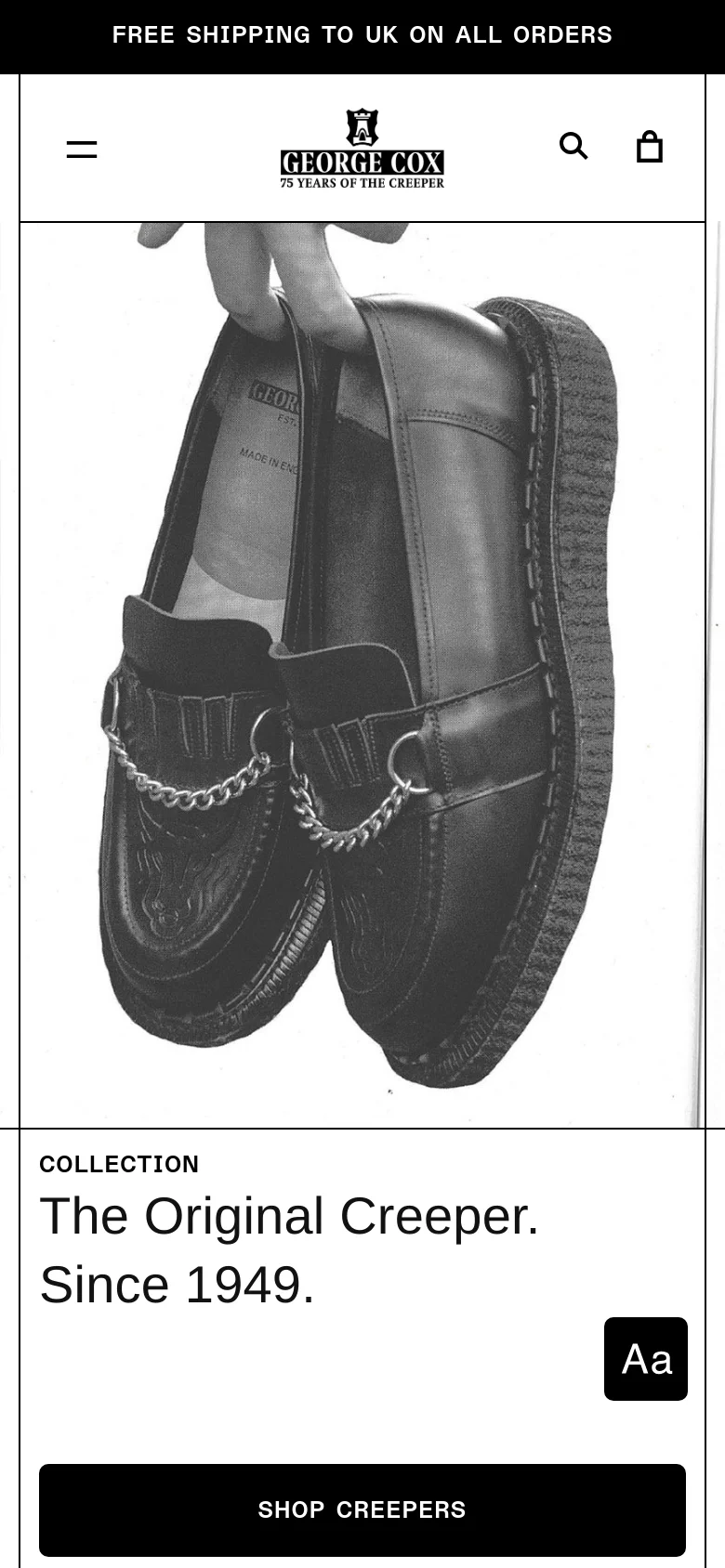 The mobile version presents a vertically stacked layout with a centered brand logo and navigation icons at the top. The hero image of the leather creepers dominates the upper screen, followed by the 'The Original Creeper' headline and a full-width black 'SHOP CREEPERS' button below it.