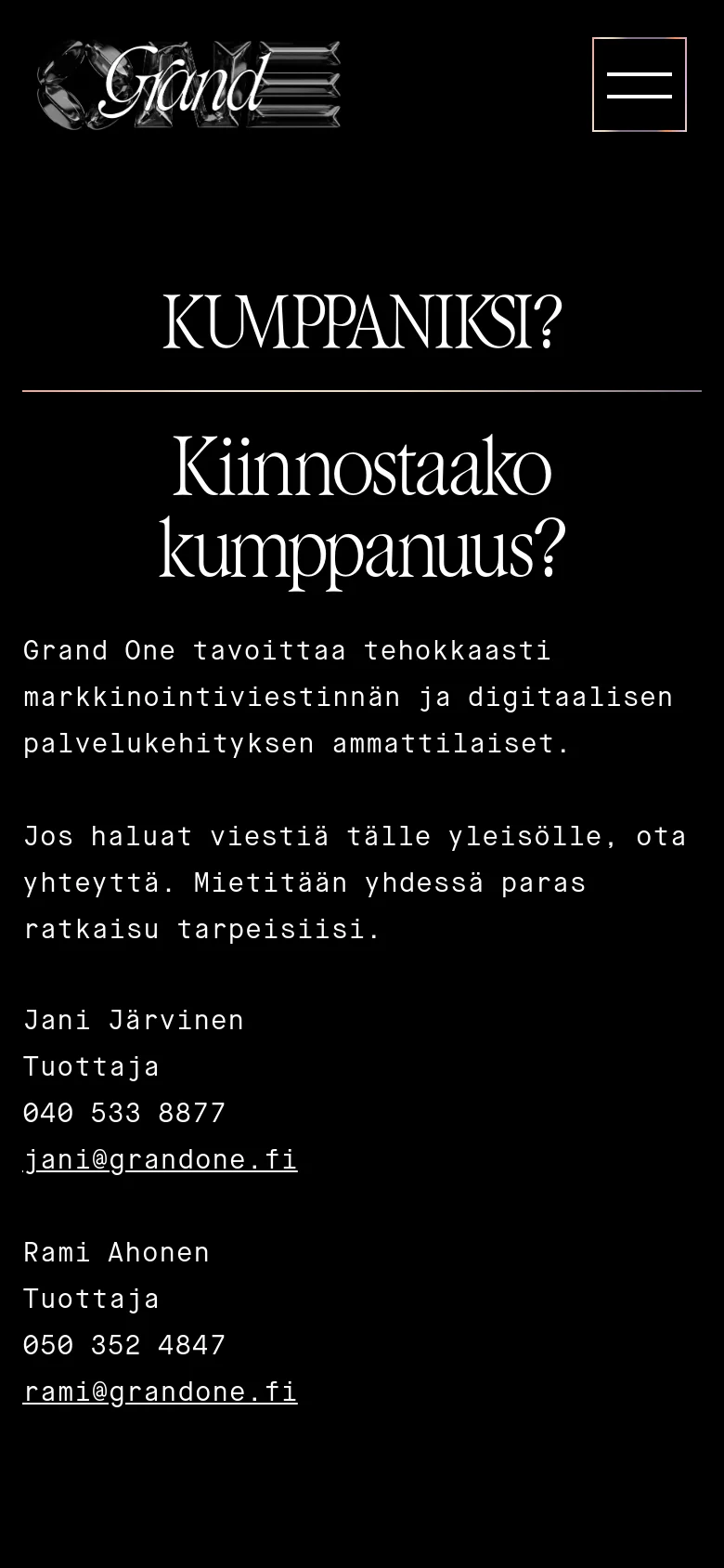The mobile version maintains the dark theme and white serif text but uses a single-column vertical layout. The headlines and contact details are centered, and the top navigation is condensed into a large hamburger menu icon on the right.