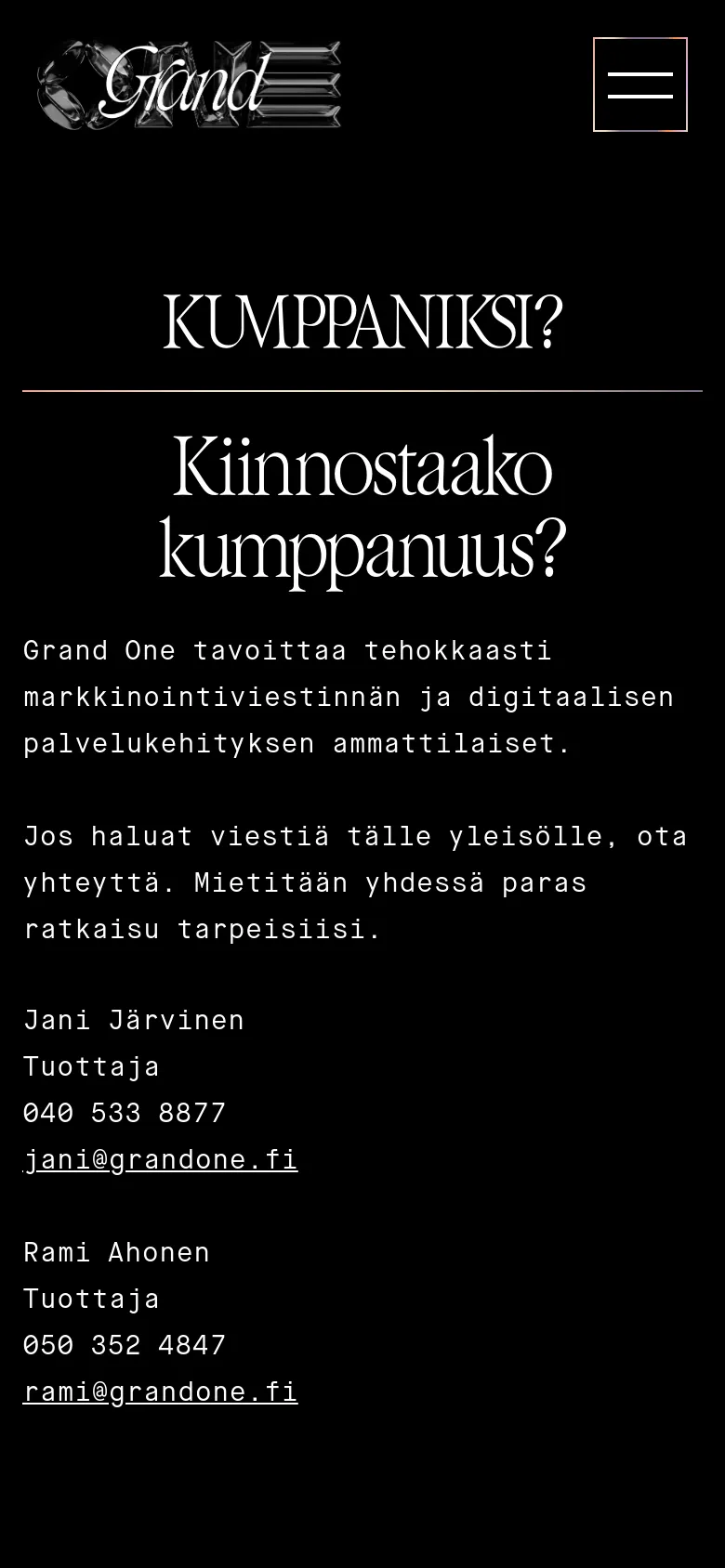 The mobile version maintains the dark theme and white serif text but uses a single-column vertical layout. The headlines and contact details are centered, and the top navigation is condensed into a large hamburger menu icon on the right.