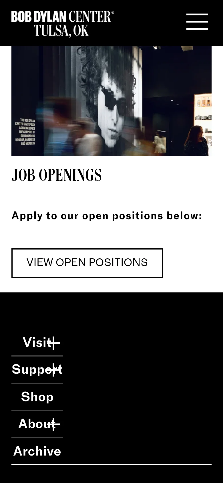 The mobile version displays a simplified layout with a hamburger menu icon and the Bob Dylan Center logo at the top. The hero image and 'JOB OPENINGS' headline remain, but the navigation links are condensed into a vertical list at the bottom of the screen against a black background.