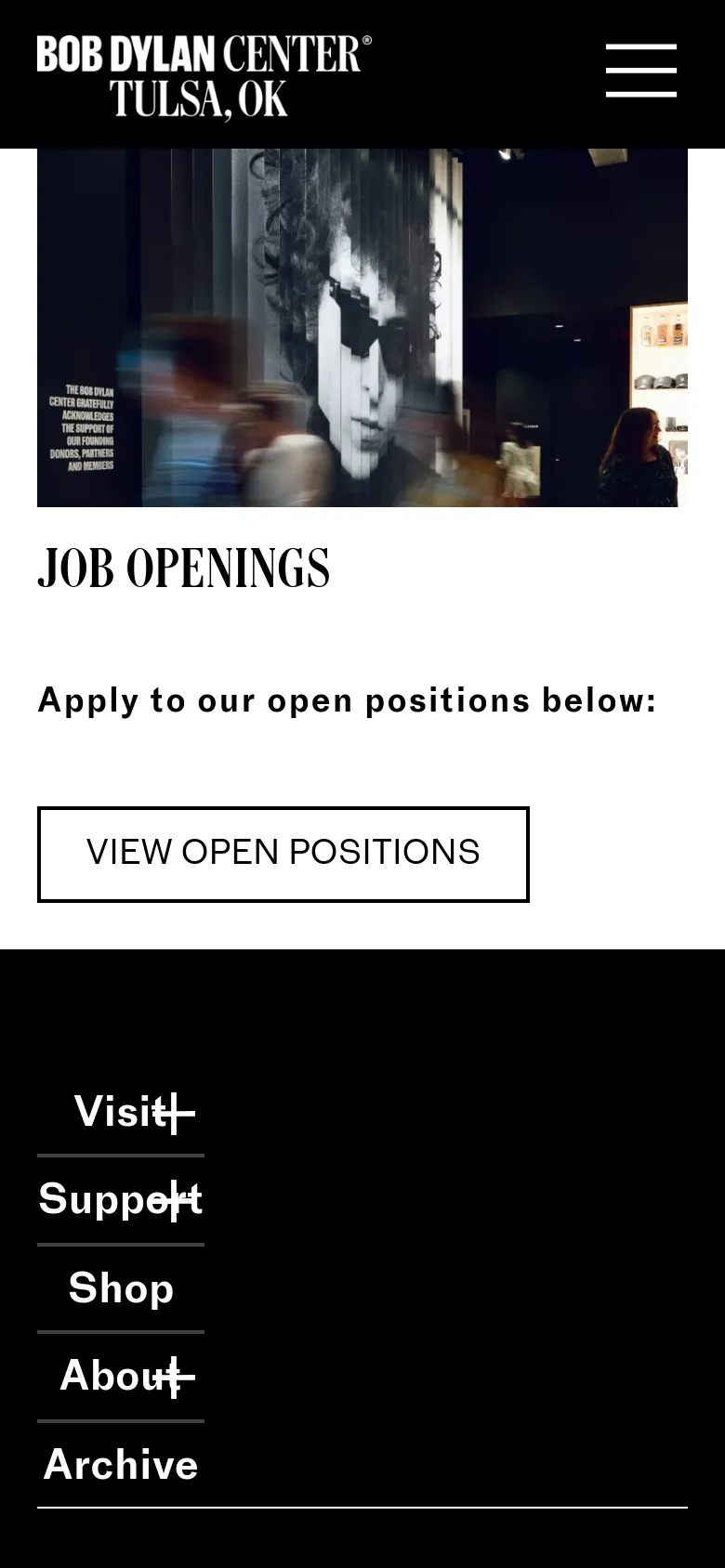 The mobile version displays a simplified layout with a hamburger menu icon and the Bob Dylan Center logo at the top. The hero image and 'JOB OPENINGS' headline remain, but the navigation links are condensed into a vertical list at the bottom of the screen against a black background.