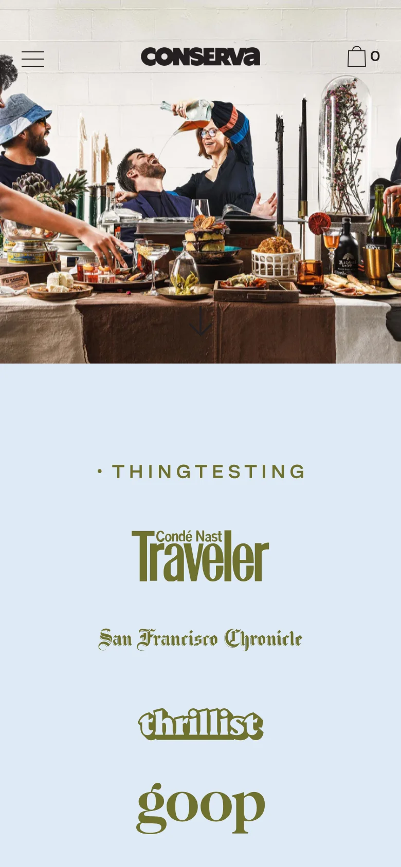 The mobile version presents a vertically stacked layout, beginning with a condensed hero image of the social gathering. The press logos are centered and scaled for smaller screens, followed by single-column content sections and product listings that prioritize easy scrolling. The navigation is simplified into a hamburger menu and a shopping bag icon at the top.