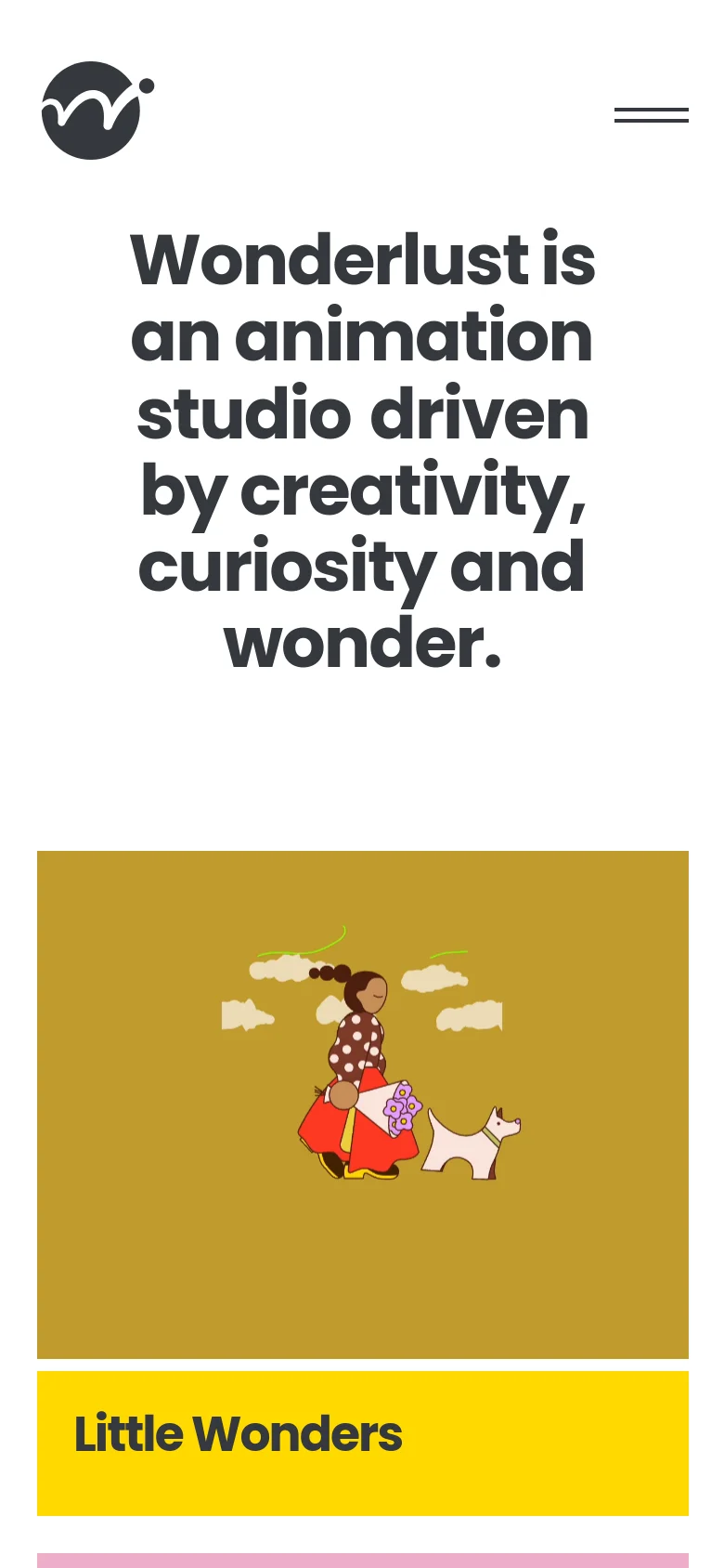 The mobile version maintains the white background and bold black headline, but the text is stacked vertically to fit the narrower screen. The large colorful blocks below the headline are scaled down, and the layout is simplified for a single-column vertical scroll.