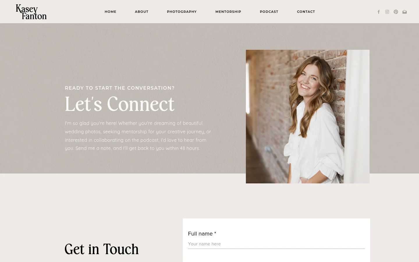 The desktop contact page features a neutral beige background with a large hero section. On the left, white serif text reads 'Let's Connect' with an introductory paragraph, while the right side displays a portrait of a smiling woman in a white shirt against a brick wall. A navigation menu is at the top, and a 'Get in Touch' contact form begins below the hero section.