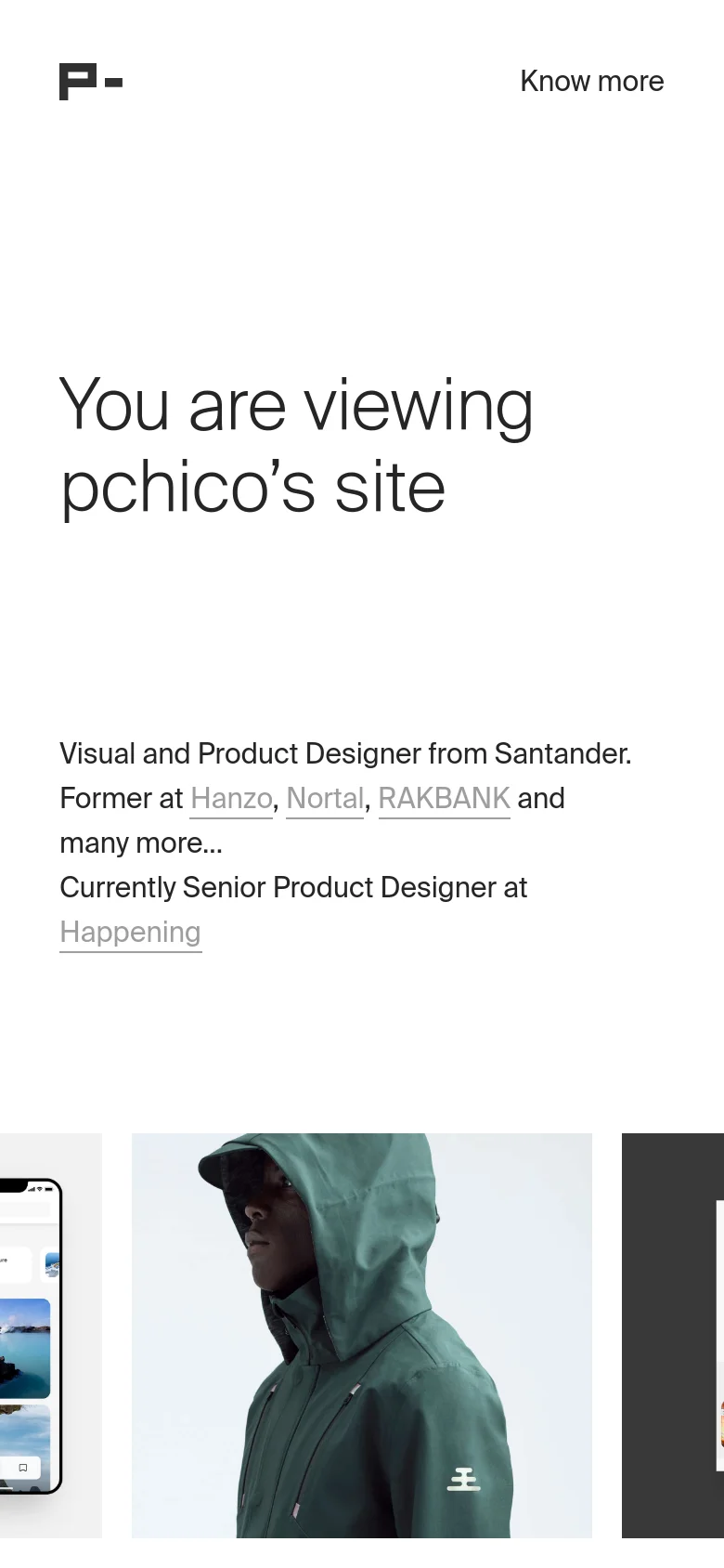 The mobile version maintains the minimalist white aesthetic and large typography but adopts a vertical stack layout. The text content is centered, and the large imagery is repositioned below the main headline and bio, creating a single-column scrolling experience.