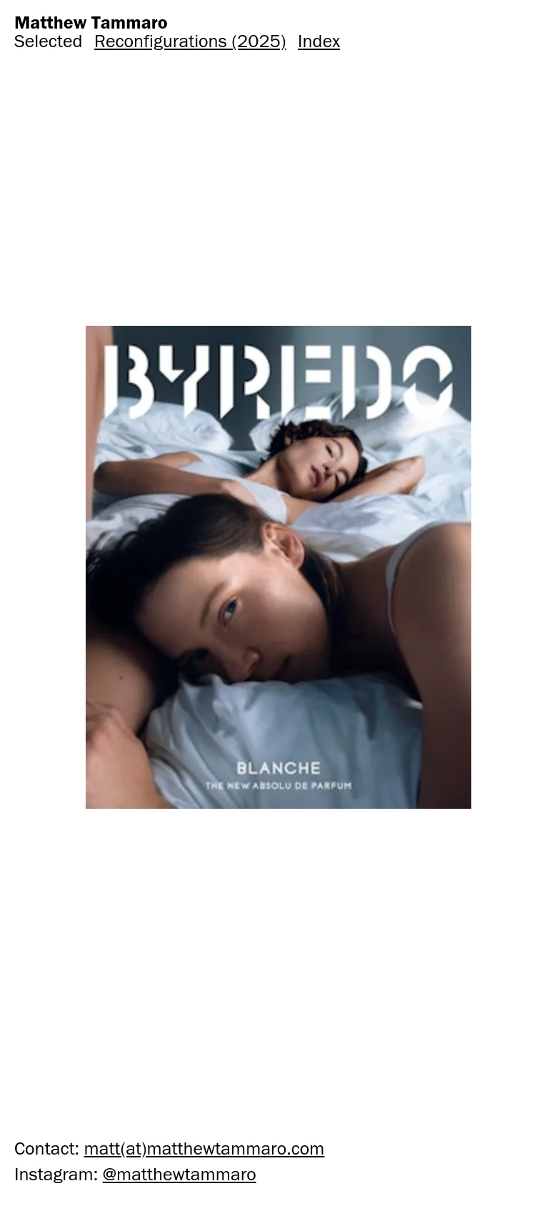 The mobile version presents a vertically stacked layout with the same large hero image of a person in white sheets. The 'BYREDO' branding remains central, but the navigation links and contact information are moved to the bottom of the screen for easier scrolling.