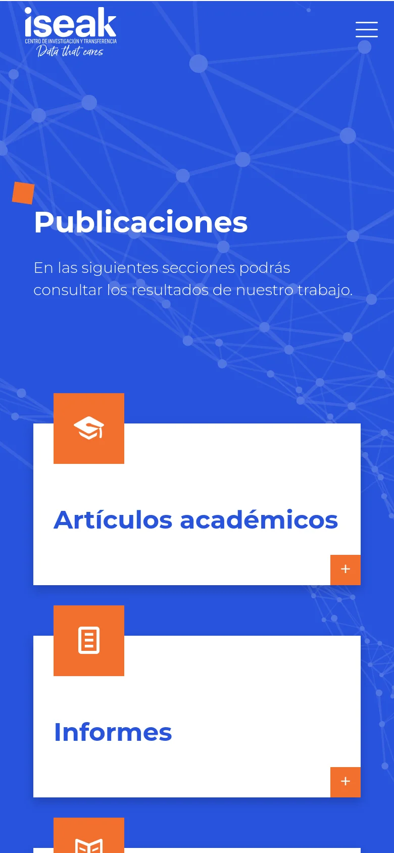 The mobile version maintains the blue geometric background and white text but shifts to a vertical layout. The three content cards are stacked on top of each other instead of being side-by-side, making the page longer for scrolling.