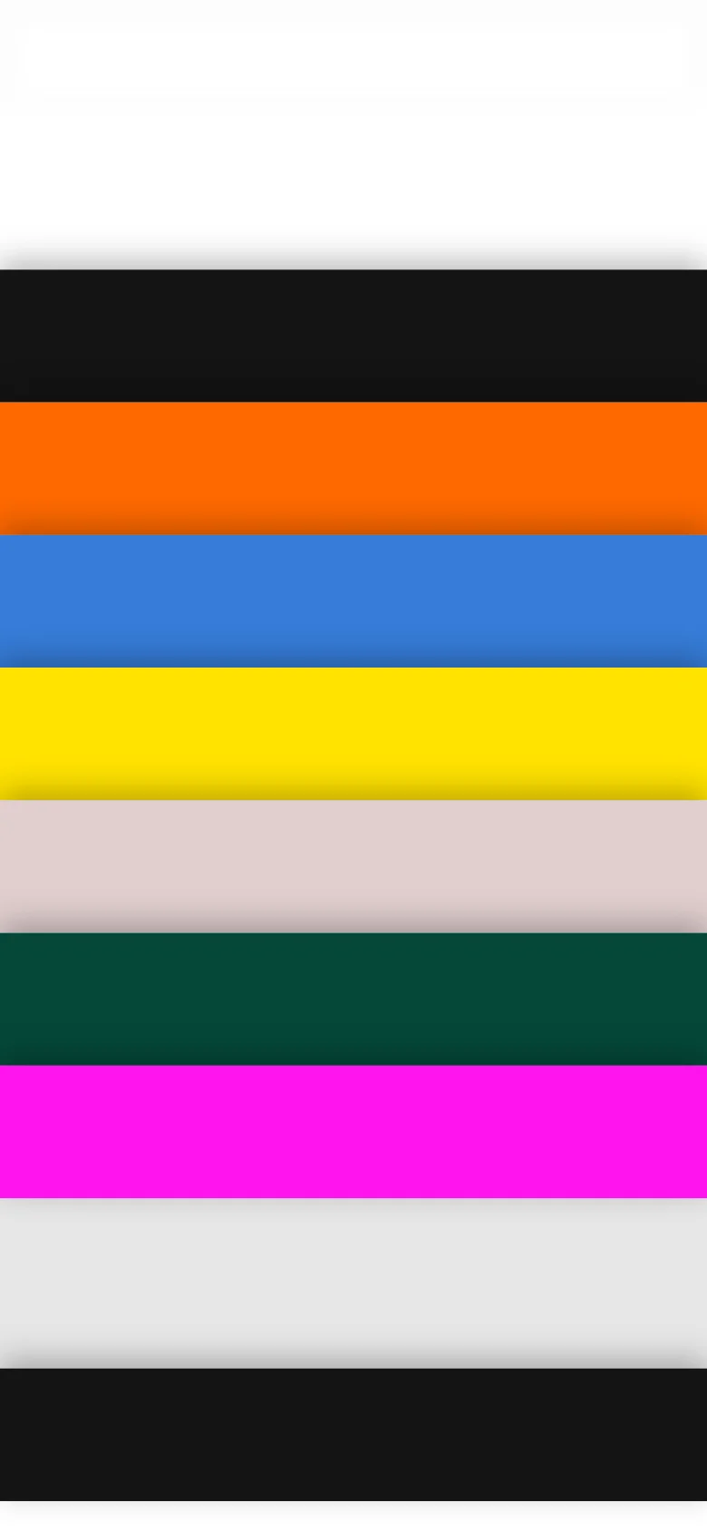 A mobile view of the portfolio page showing a vertical stack of thick, vibrant color bands. The bands transition through orange, blue, yellow, light grey, dark green, and bright pink, creating a high-contrast, abstract geometric pattern.