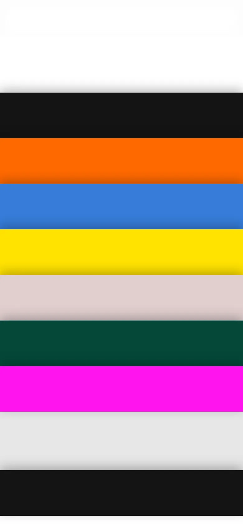 A mobile view of the portfolio page showing a vertical stack of thick, vibrant color bands. The bands transition through orange, blue, yellow, light grey, dark green, and bright pink, creating a high-contrast, abstract geometric pattern.