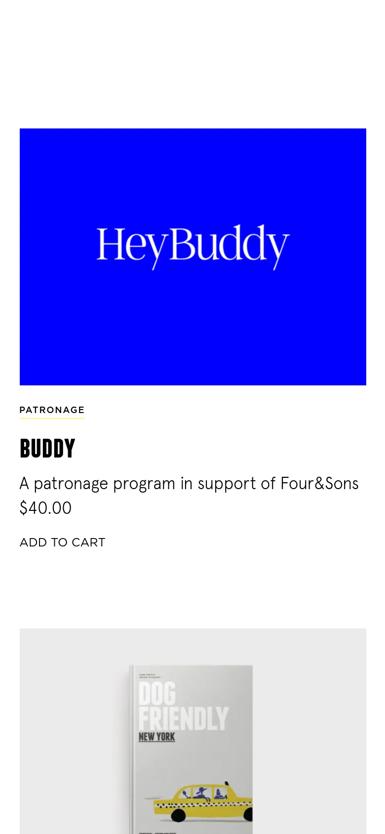 The mobile version presents a single-column vertical layout of the product grid. The large blue 'HeyBuddy' hero image and subsequent book product cards are stacked vertically, making each image and its corresponding text and 'ADD TO CART' button span the width of the screen.