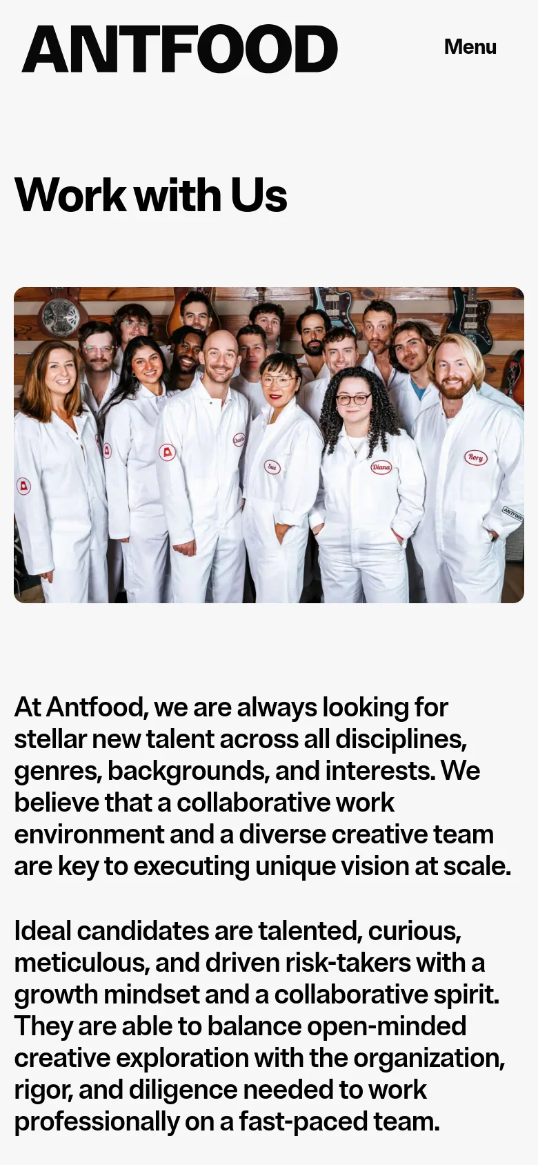 The mobile version uses a single-column layout on a light background with the Antfood logo and a 'Menu' button at the top. The 'Work with Us' headline is followed by a full-width team photo, with all descriptive text and application information stacked vertically underneath.