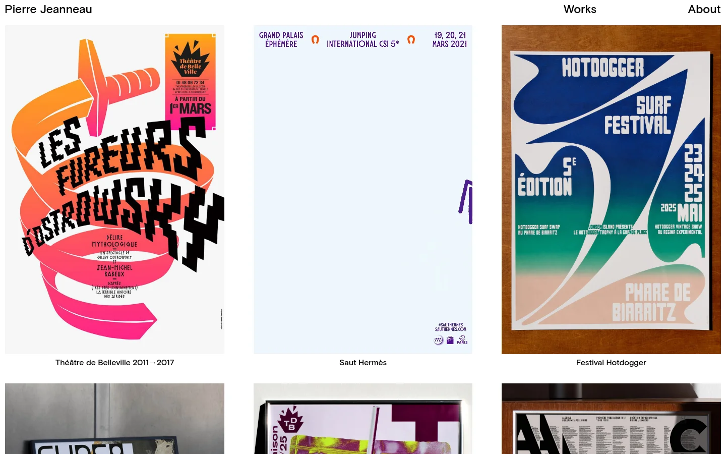 The desktop homepage for Pierre Jeanneau features a minimalist white background with a clean navigation menu at the top containing 'Works' and 'About'. A grid of large, colorful graphic design portfolio projects is displayed, each featuring a prominent image and a text title underneath. The layout is spacious, emphasizing the visual impact of the various poster designs and branding works.