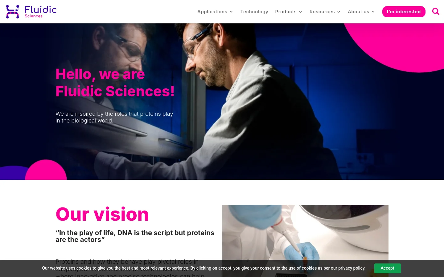 The desktop page features a dark blue and magenta color scheme with a large hero image of two scientists working in a lab. Below the hero section, the 'Our vision' section displays a large pink headline next to a high-quality photo of a scientist using a pipette. The navigation bar includes links for Applications, Technology, Products, Resources, and About us, alongside a bright pink 'I'm interested' button.