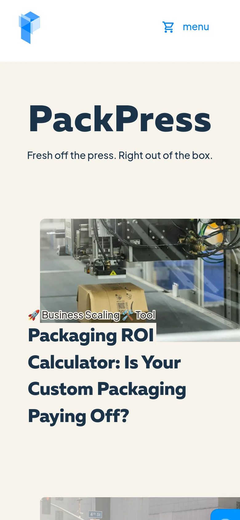 The mobile version presents a vertically stacked layout optimized for small screens, beginning with the Packwire logo, a shopping cart icon, and a hamburger menu. The 'PackPress' title and subheadline are centered above a large hero image of a cardboard box on a machine, with the article headline positioned directly below the image in a bold, dark font.