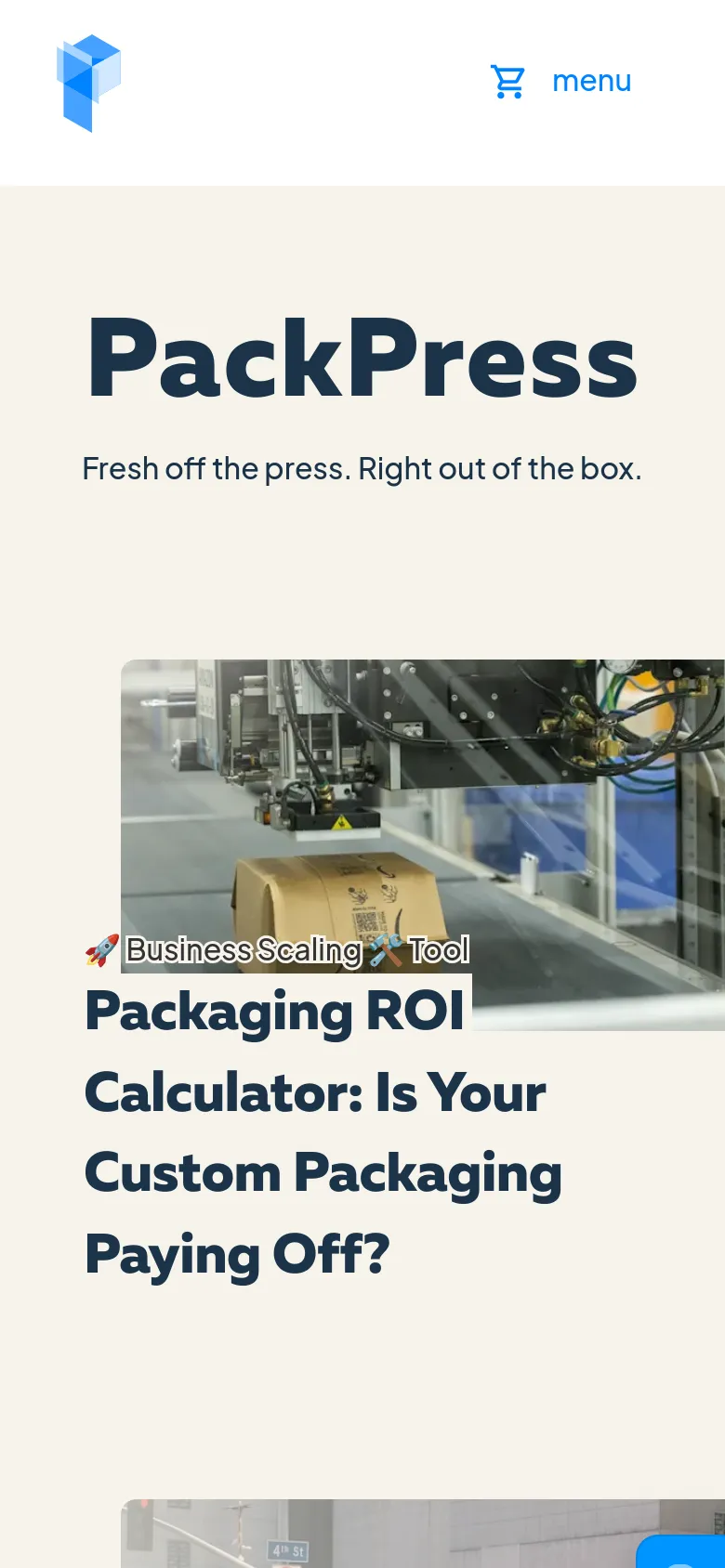The mobile version presents a vertically stacked layout optimized for small screens, beginning with the Packwire logo, a shopping cart icon, and a hamburger menu. The 'PackPress' title and subheadline are centered above a large hero image of a cardboard box on a machine, with the article headline positioned directly below the image in a bold, dark font.