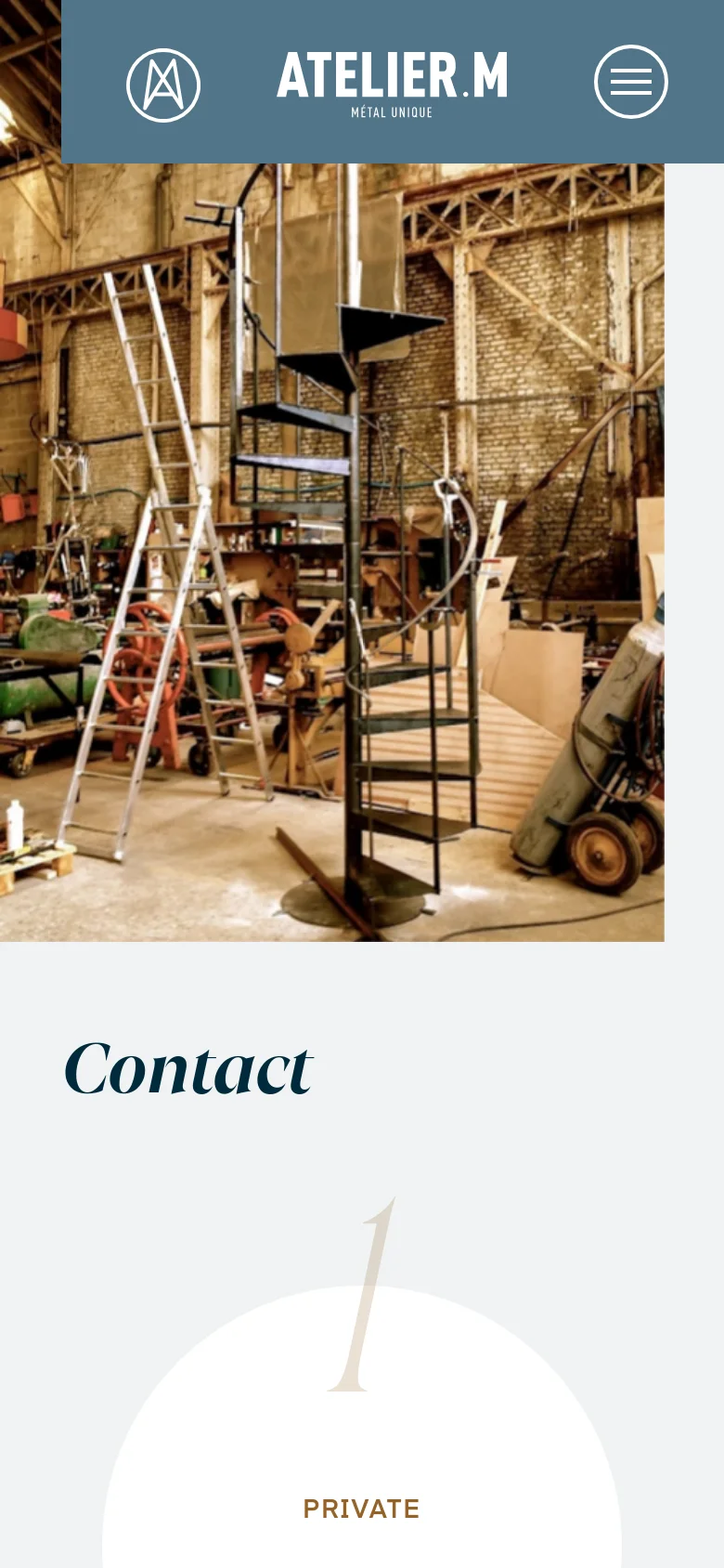 The mobile version transitions to a single-column vertical layout, starting with a full-width workshop image and a condensed header with a hamburger menu. The content follows in a stacked format, presenting the 'Contact' heading, service descriptions, and large decorative numbers in a simplified, scrollable view optimized for small screens.