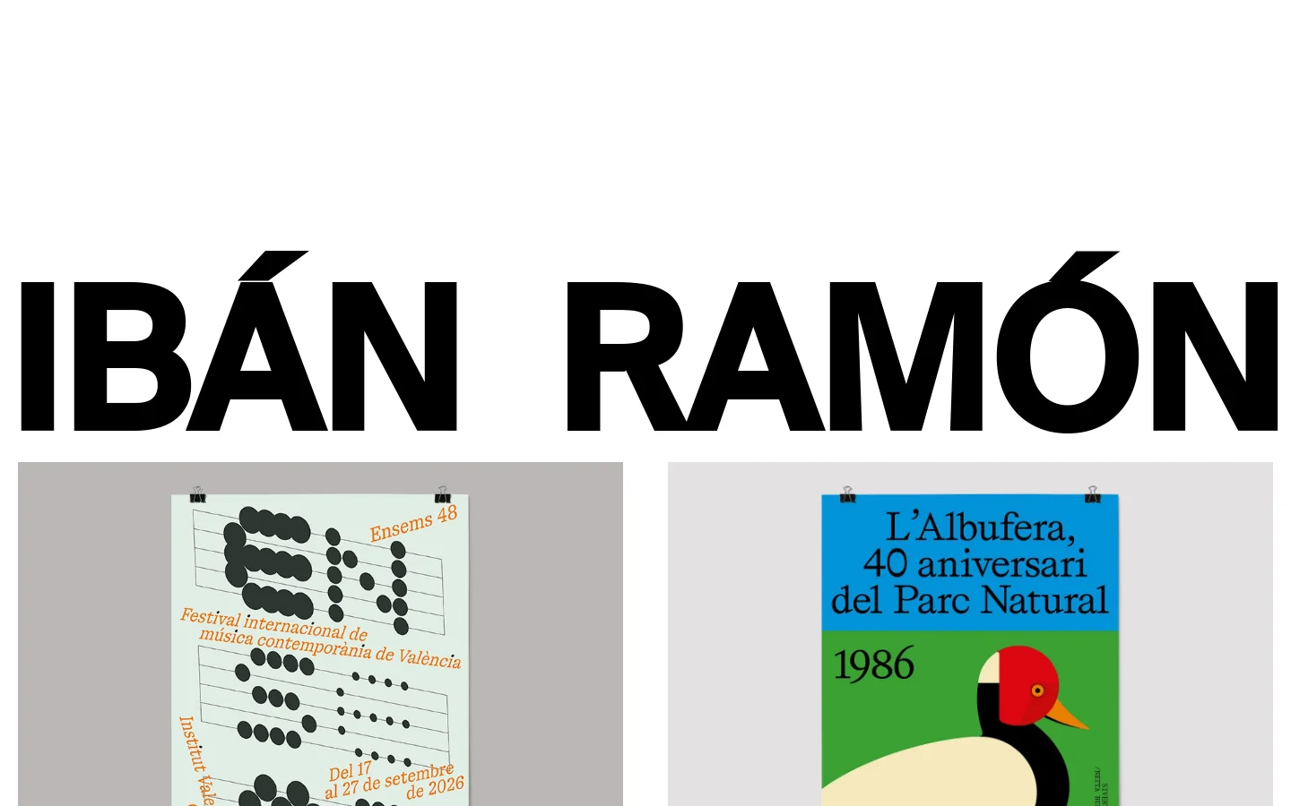 The desktop homepage features a minimalist design with large, bold black typography reading 'IBÁN RAMÓN' against a white background. Below the header, a grid layout displays various graphic design project covers, such as 'Ensems' and 'L'Albufera,' each accompanied by a text title. A navigation menu with links to Projects, Profile, and Contact is located at the top.