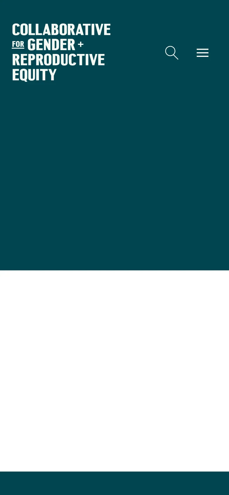 The mobile version simplifies the layout, replacing the top navigation bar with a dark teal header containing the white logo, a search icon, and a hamburger menu icon. The hero section remains a solid dark teal background with the 'Contact' heading, while the content below transitions into a single-column vertical stack.