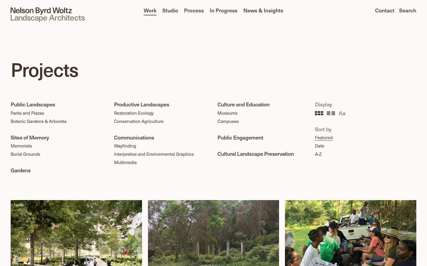 The desktop view shows a minimalist landscape architecture website with a white background and dark text. A large 'Projects' headline is followed by a multi-column grid of project categories such as Public Landscapes, Productive Landscapes, and Culture and Education. Below the text categories, a large photographic project preview is displayed.