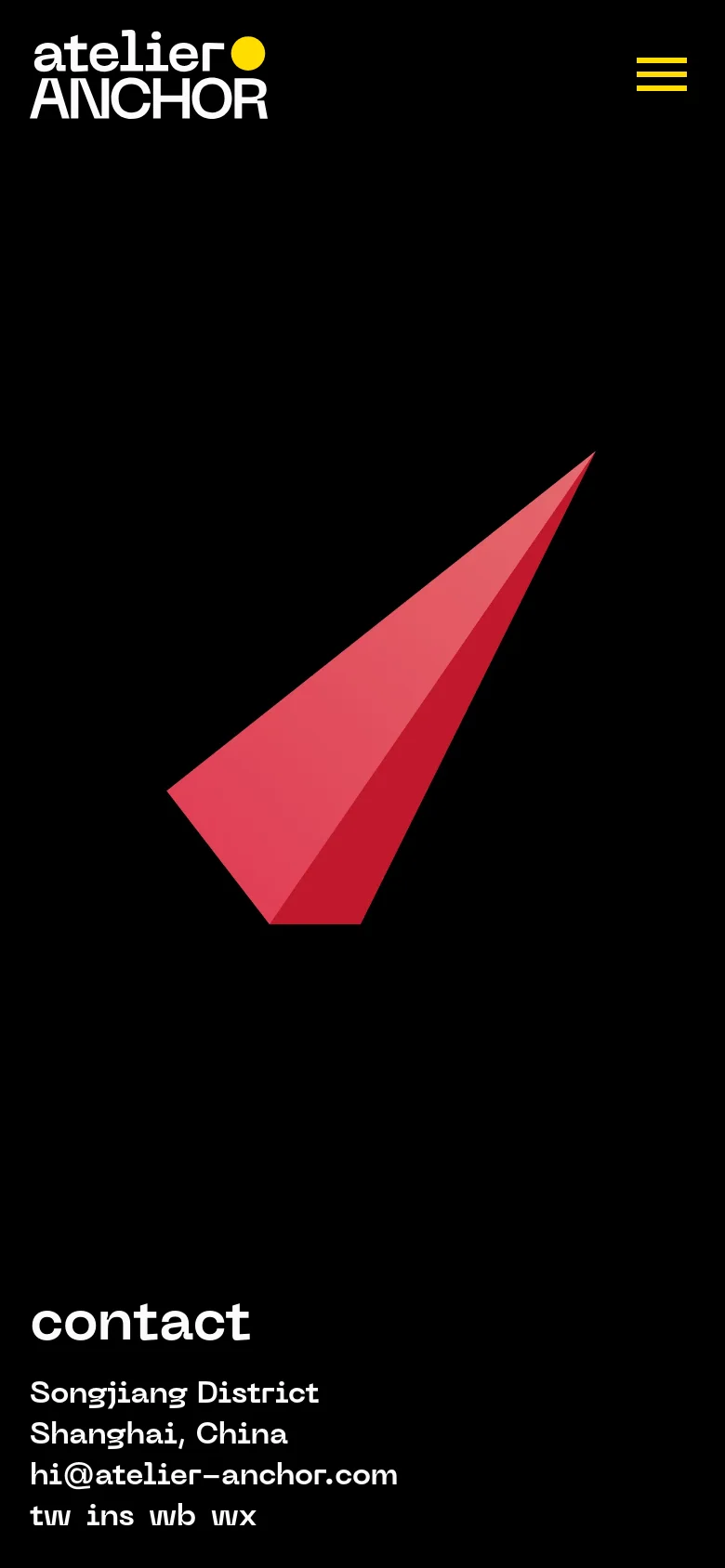 The mobile version maintains the black background and central red geometric shape but uses a hamburger menu icon in the top right instead of text links. The studio logo remains in the top left, and the contact information is stacked at the bottom of the screen.