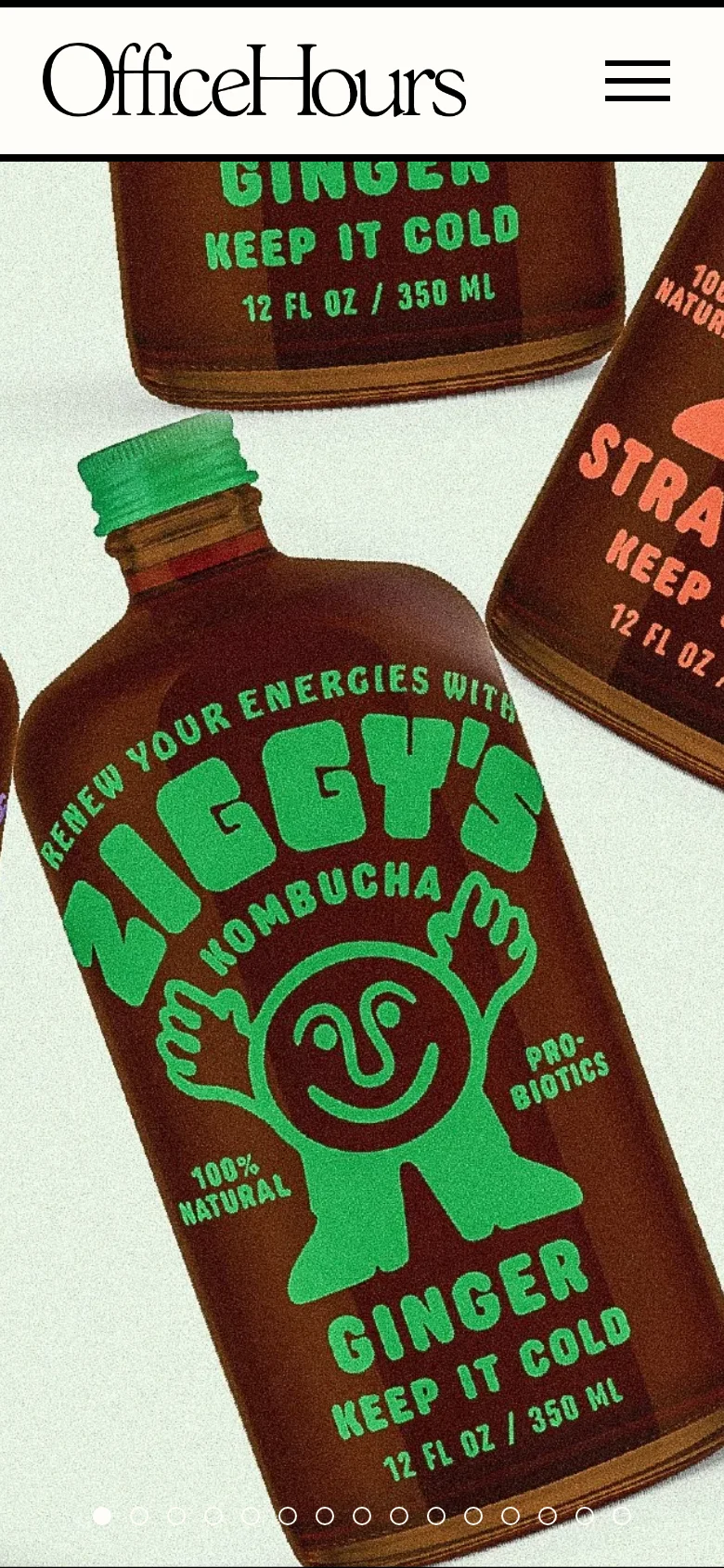 The mobile version displays a simplified header with the 'Office Hours' logo centered and a hamburger menu icon on the right. The hero image of the colorful kombucha bottles fills the width of the screen, with a pagination indicator at the bottom.