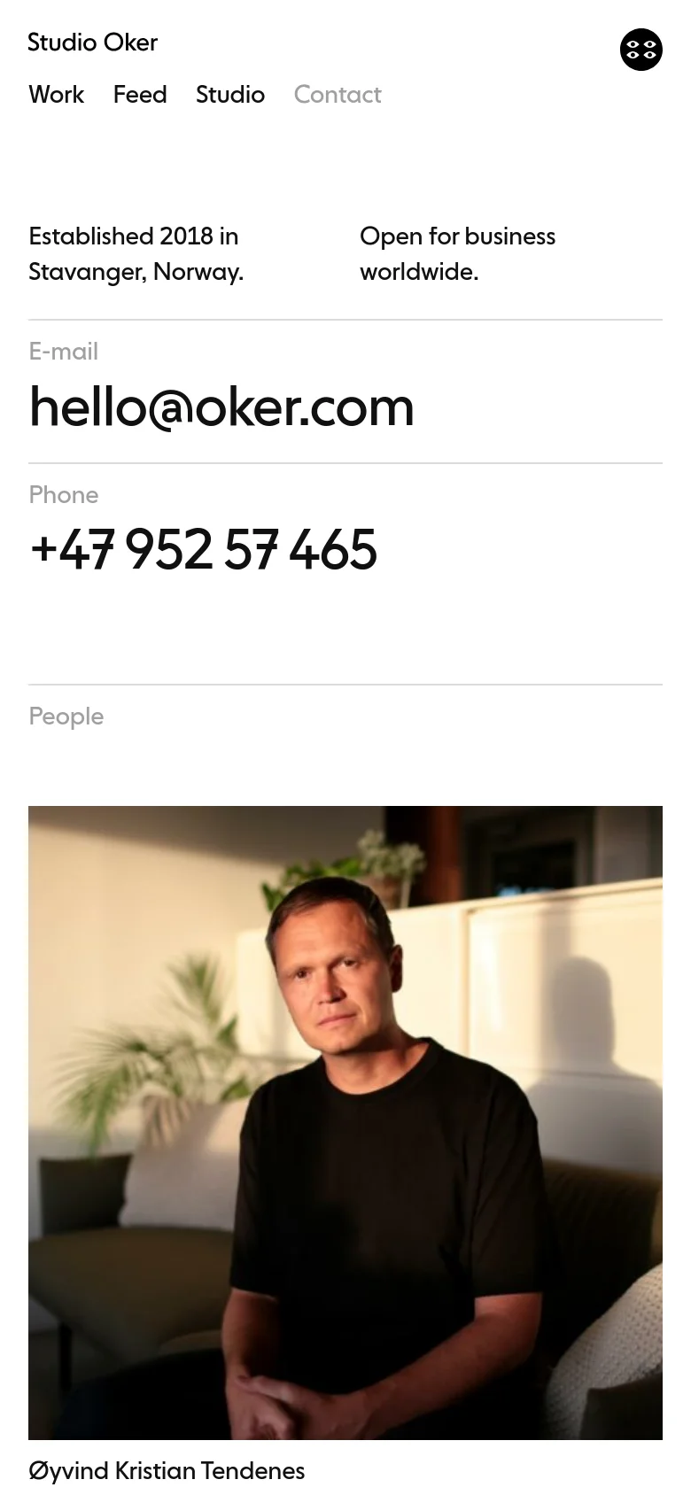 The mobile version presents a single-column vertical layout of the contact information. The email and phone number are displayed in large, prominent text, followed by a vertical list of team member portraits and their respective professional details.