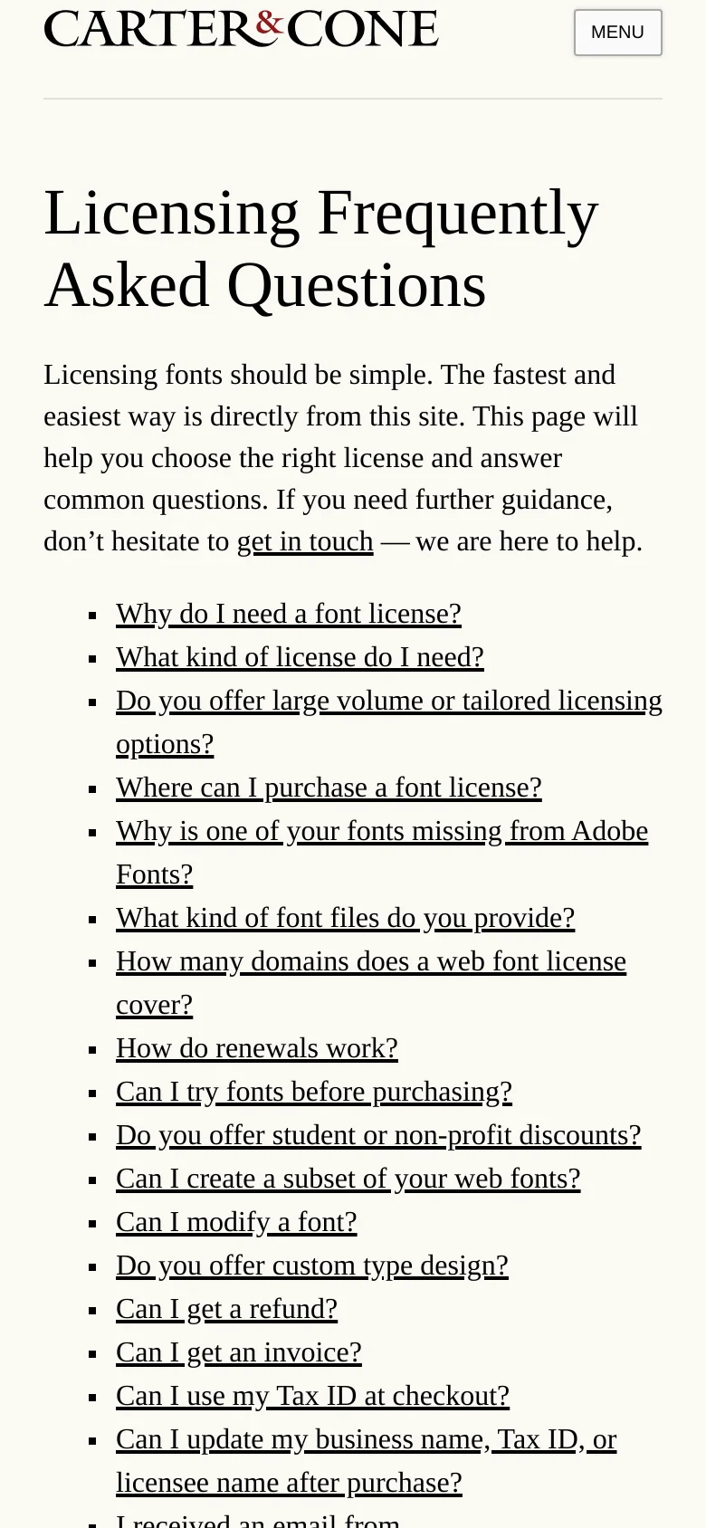The mobile version simplifies the layout by removing the left-hand sidebar and replacing it with a top navigation bar containing the logo and a 'MENU' button. The main content is stacked vertically, featuring the large 'Licensing Frequently Asked Questions' headline, introductory text, and the list of hyperlinked questions spanning the width of the screen.