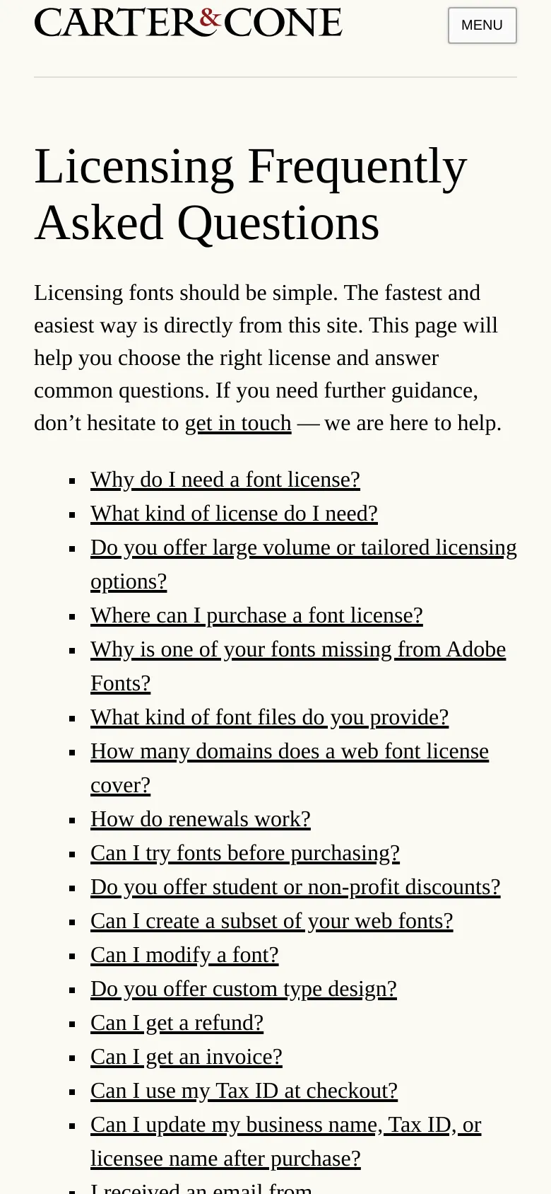 The mobile version simplifies the layout by removing the left-hand sidebar and replacing it with a top navigation bar containing the logo and a 'MENU' button. The main content is stacked vertically, featuring the large 'Licensing Frequently Asked Questions' headline, introductory text, and the list of hyperlinked questions spanning the width of the screen.