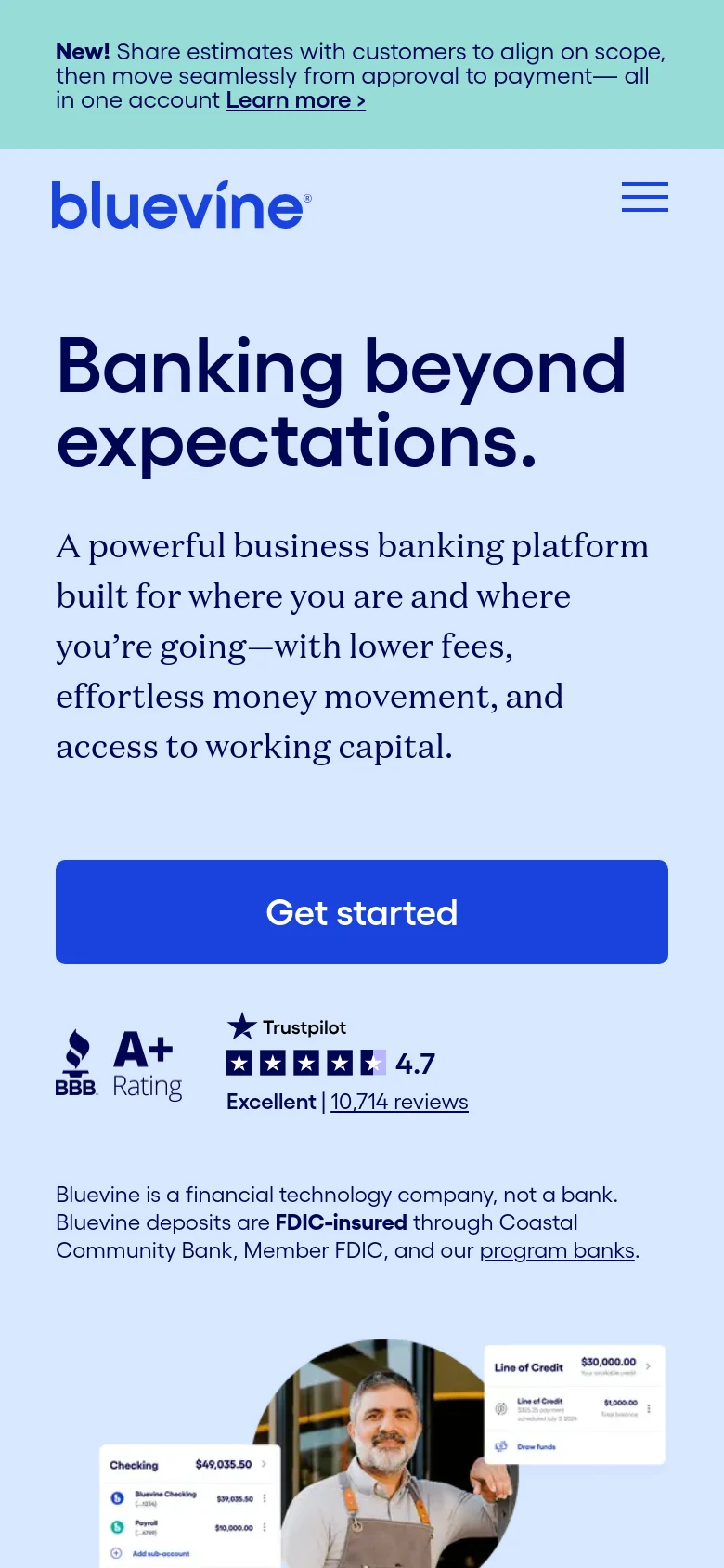 The mobile version uses a single-column layout with the Bluevine logo and a hamburger menu at the top. The hero section features the headline 'Banking beyond expectations' followed by descriptive text and a full-width blue 'Get started' button. Trust badges and business imagery are stacked vertically below the main call to action.