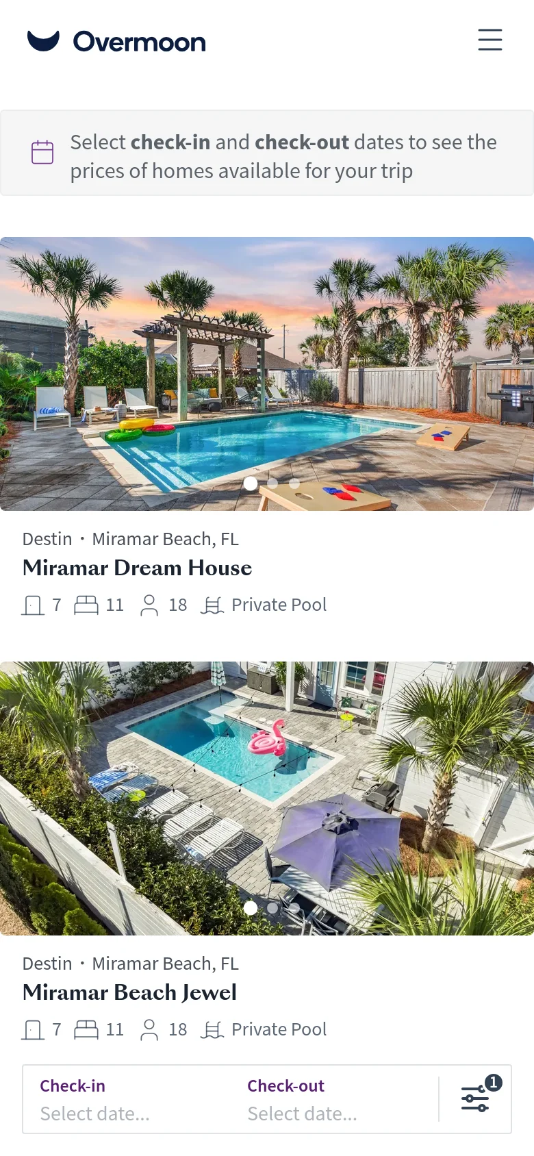 The mobile version features a simplified layout with a hamburger menu and logo at the top. The search bar and date selection prompt are stacked vertically, and the property listings appear as large, full-width cards with images and text details. The map is hidden or moved to prioritize the vertical scrolling of rental properties.