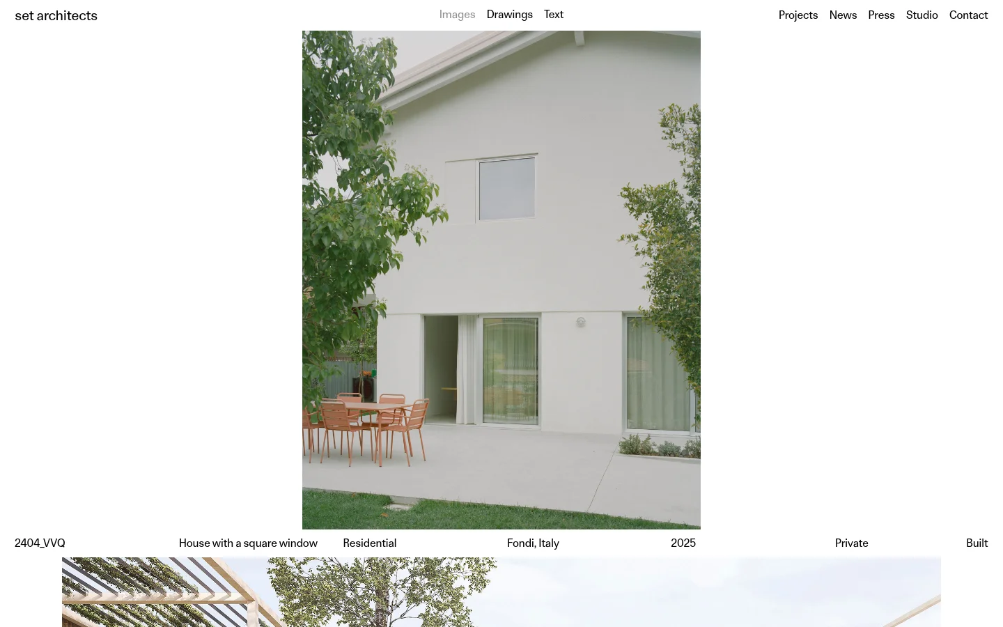 The desktop homepage for set architects features a minimalist white design with a navigation menu at the top. A large hero image showcases a modern white building with a square window, followed by a grid of architectural project photos with descriptive text below each, including project names, types, and locations.