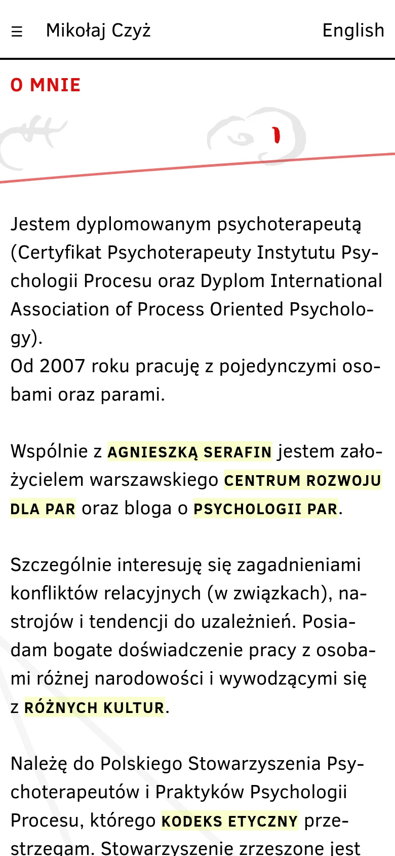 The mobile version presents a vertical, single-column layout with a top navigation bar containing a hamburger menu and the name 'Mikołaj Czyż'. The heading 'O MNIE' is prominent at the top, followed by the abstract face illustration and the biographical text, which is optimized for vertical scrolling on a smaller screen.