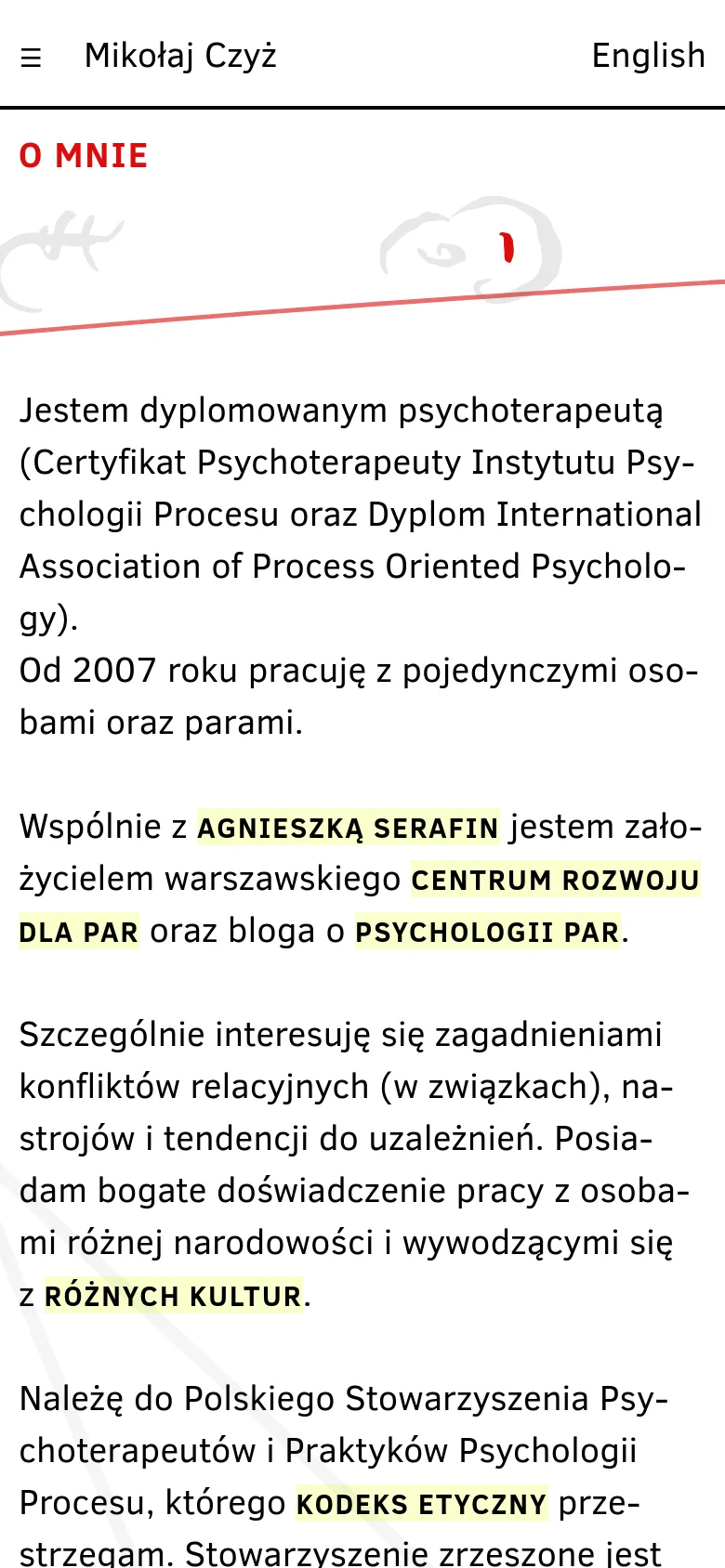 The mobile version presents a vertical, single-column layout with a top navigation bar containing a hamburger menu and the name 'Mikołaj Czyż'. The heading 'O MNIE' is prominent at the top, followed by the abstract face illustration and the biographical text, which is optimized for vertical scrolling on a smaller screen.