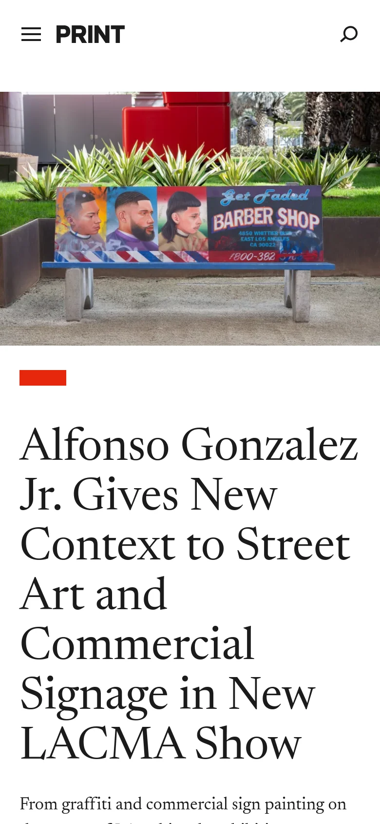 The mobile version presents a simplified header with a hamburger menu icon, the PRINT logo, and a search icon. Below the header, a full-width image shows a street-level view of a colorful mural, followed by a large headline in a serif font regarding Alfonso Gonzalez Jr.