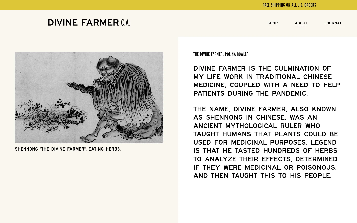 The desktop About page features a minimalist design with a cream background and black text. A large black-and-white illustration of Shennong eating herbs sits on the left, while the right side contains headlines and text explaining the brand's connection to Traditional Chinese Medicine. A top navigation bar includes links for Shop, About, and Journal.