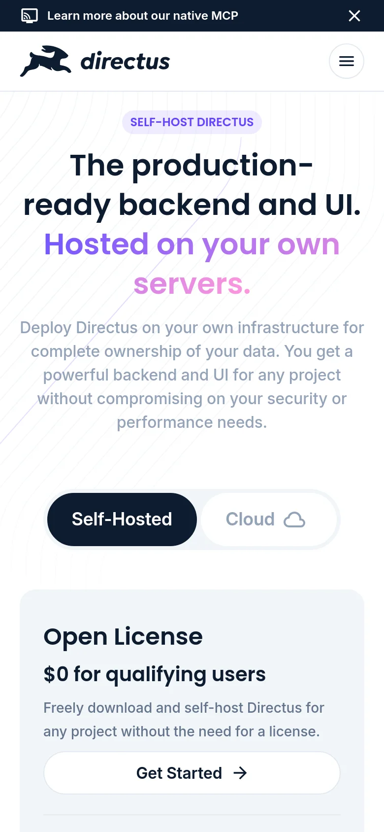 The mobile version presents a vertically stacked layout optimized for small screens. The hero text is centered and large, followed by the 'Self-Hosted' and 'Cloud' selection buttons. The 'Open License' section follows below, featuring the $0 price point and a full-width 'Get Started' call-to-action button.