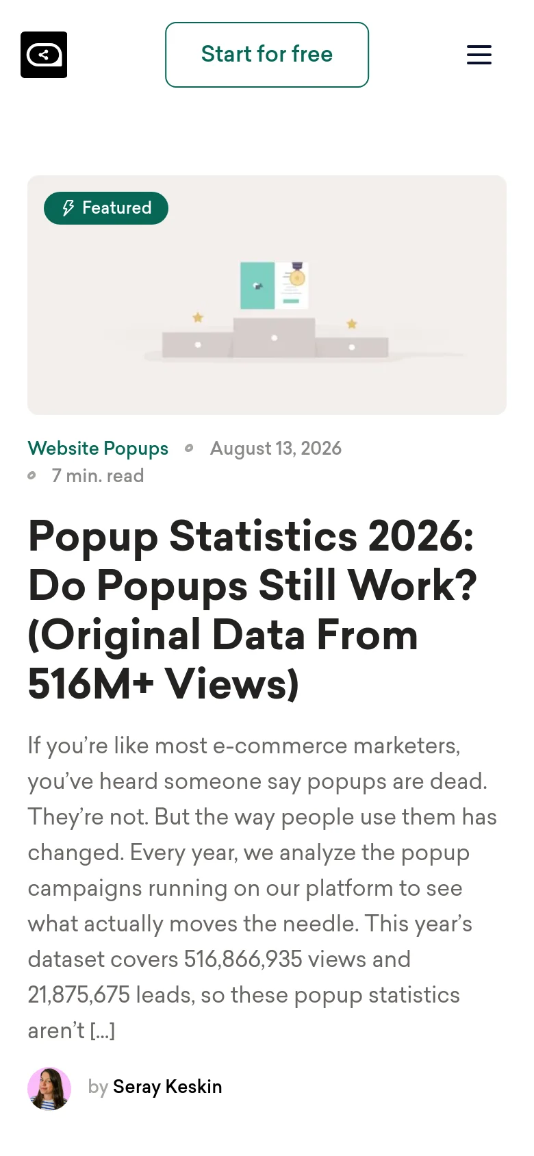 The mobile version of the blog page presents a single-column vertical layout. The featured article appears at the top with its large headline and text, followed by the newsletter signup section and a list of recent posts stacked vertically. The navigation menu is collapsed into a hamburger icon at the top right.