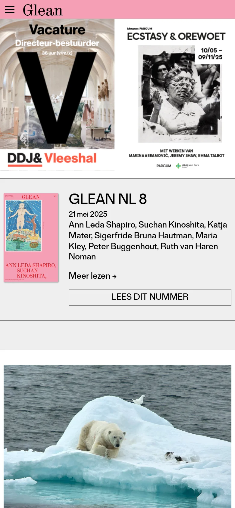 The mobile version presents a single-column vertical layout, stacking the content sections. The magazine feature, article with the polar bear image, and advertisements are arranged one after another to fit the narrow screen, removing the side-by-side desktop arrangement.