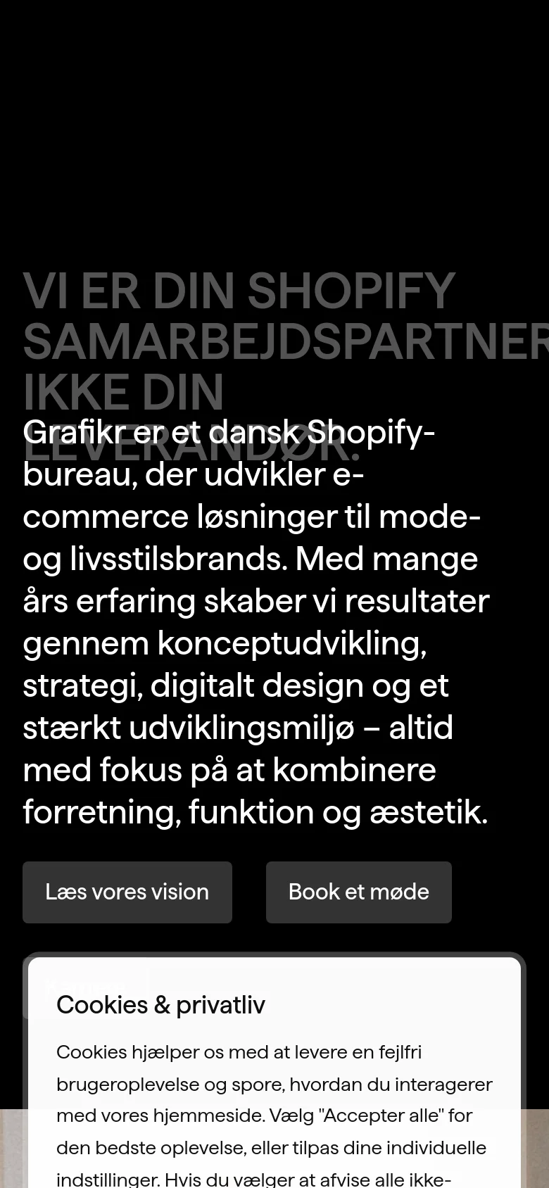 The mobile version maintains the dark hero section and white typography but stacks the text and buttons vertically for better readability on a narrow screen. The large headline is broken into multiple lines, and the primary call-to-action buttons span a wider portion of the screen width compared to the desktop layout.