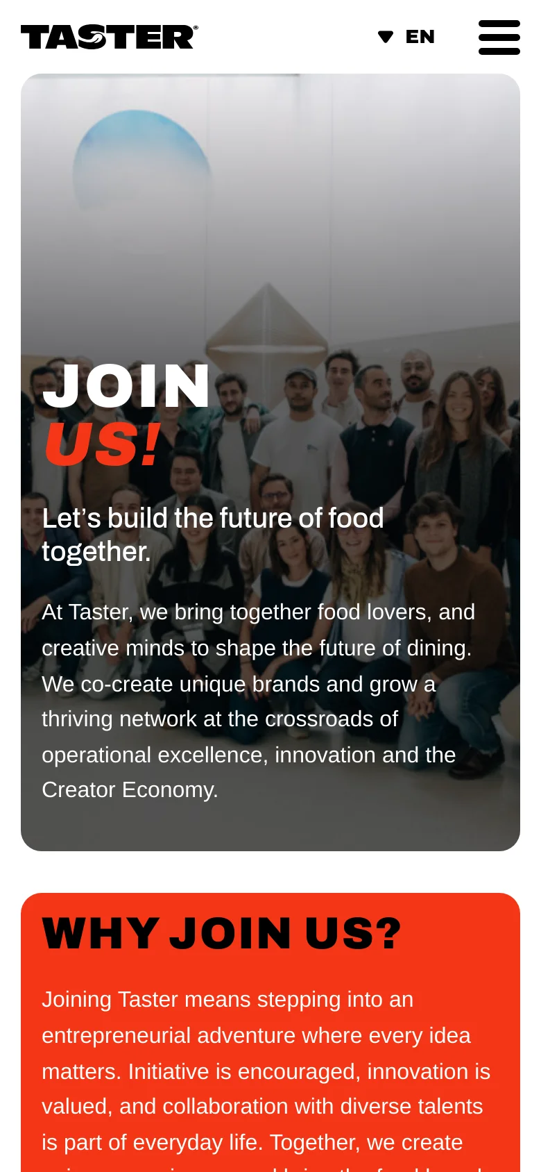 The mobile version uses a simplified layout with a hamburger menu icon and a language selector at the top. The hero section features the same group photo and large white and red typography, but the text is stacked vertically to fit the narrow screen. The 'Why Join Us?' section follows, presented on a vibrant orange background block.