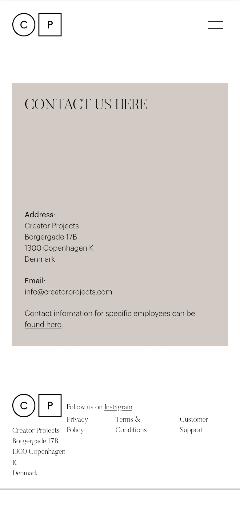 The mobile version uses a single-column vertical layout, stacking the 'CONTACT US HERE' headline and contact information above the footer. The large split-screen image from the desktop version is removed to prioritize text readability on a smaller screen. The navigation is condensed into a hamburger menu icon at the top right.