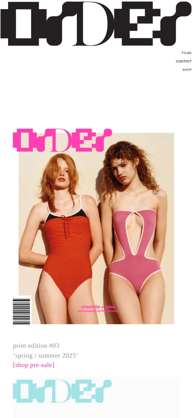 The mobile version maintains the minimalist white aesthetic but shifts the navigation links to a vertical stack on the right side. The content transitions to a single-column layout, focusing on large, full-width imagery of magazine covers followed by their respective edition titles and pink 'shop pre-sale' or 'shop' links.