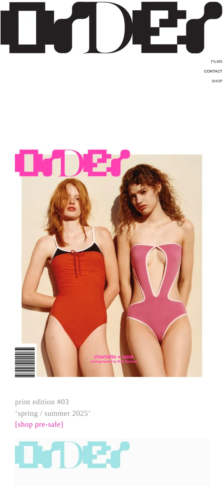 The mobile version maintains the minimalist white aesthetic but shifts the navigation links to a vertical stack on the right side. The content transitions to a single-column layout, focusing on large, full-width imagery of magazine covers followed by their respective edition titles and pink 'shop pre-sale' or 'shop' links.