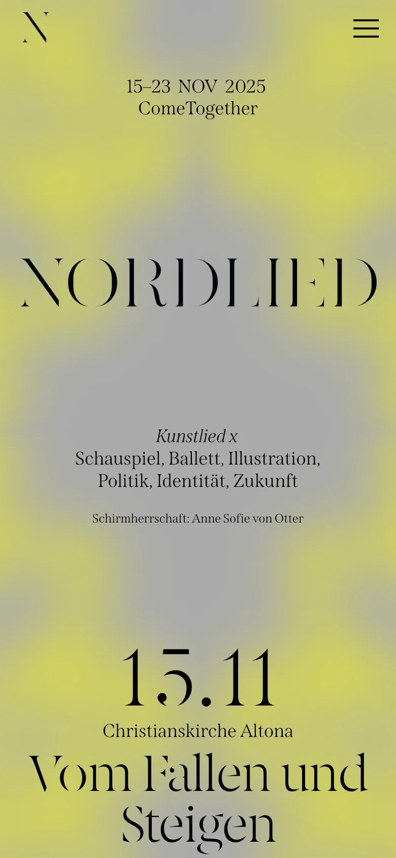 The mobile version maintains the blurred yellow and grey background but shifts to a vertical layout. The 'NORDLIED' logo is centered prominently, with a hamburger menu icon in the top right corner. The text is stacked vertically, displaying the event dates, theme, and the first scheduled event on November 15th at Christianskirche Altona.