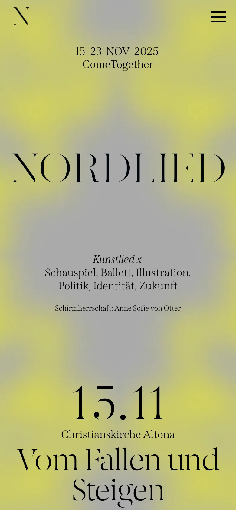 The mobile version maintains the blurred yellow and grey background but shifts to a vertical layout. The 'NORDLIED' logo is centered prominently, with a hamburger menu icon in the top right corner. The text is stacked vertically, displaying the event dates, theme, and the first scheduled event on November 15th at Christianskirche Altona.
