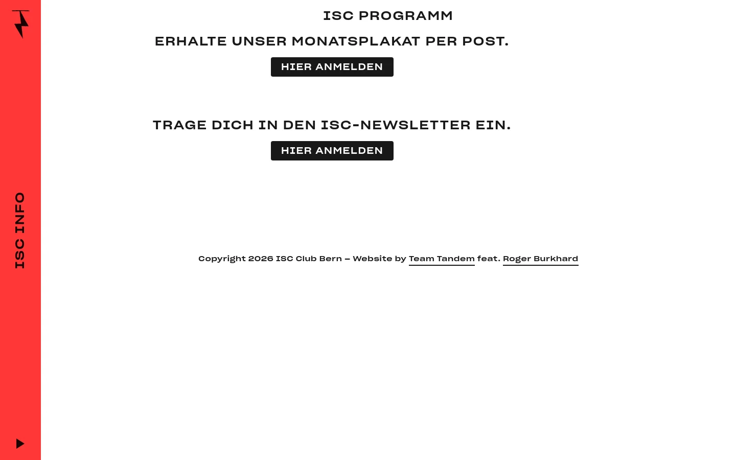 The ISC Club Bern homepage features a clean white background with a bold red vertical sidebar on the left containing the club logo and 'ISC INFO' text. The main content displays a chronological list of upcoming events, including parties and concerts, with dates, genres, and event titles. At the bottom, there are two prominent black call-to-action buttons for signing up for a monthly poster and a newsletter.