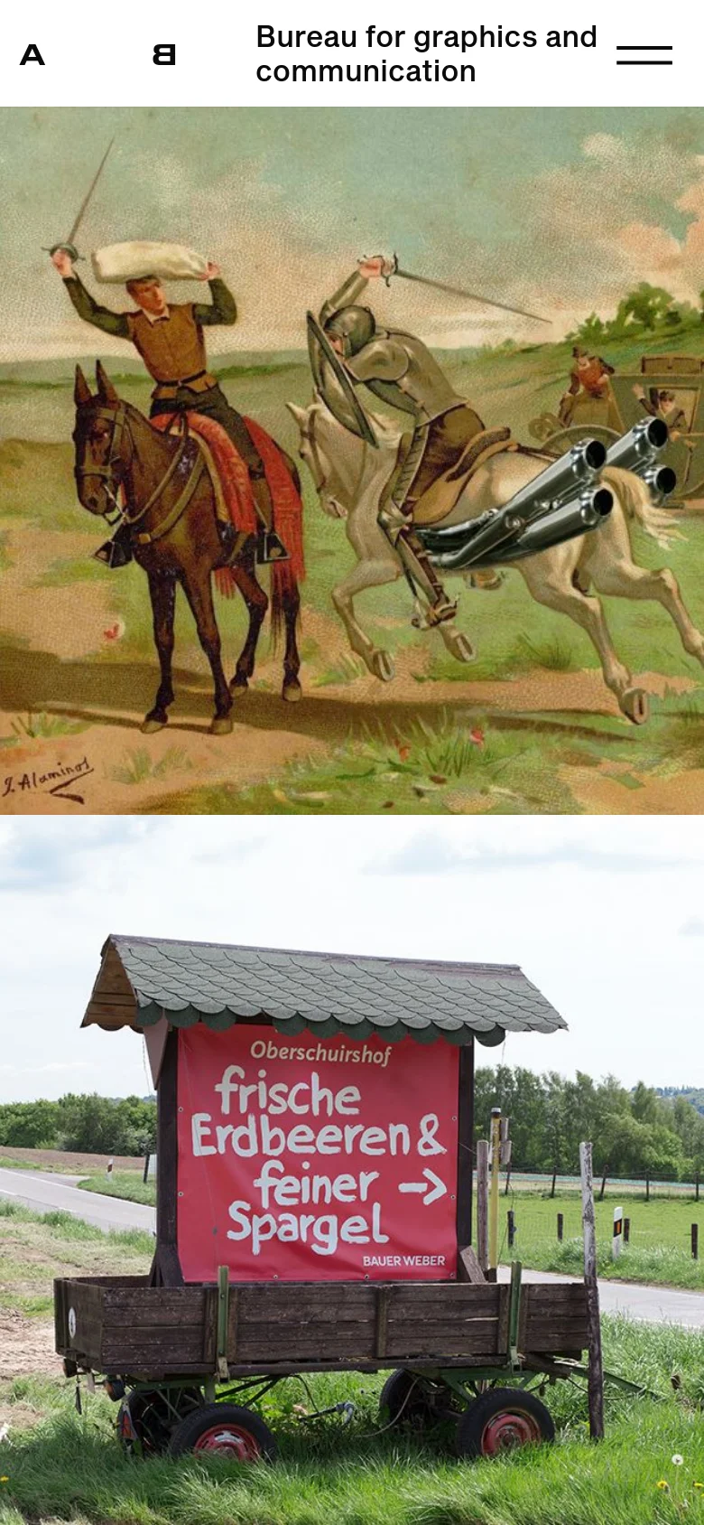 The mobile version stacks the hero images vertically, showing the vintage knight illustration above the photograph of the wooden cart. The header is simplified, displaying the brand initials and the tagline with a hamburger menu icon on the right.