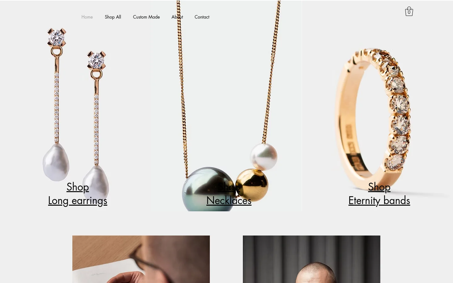 The desktop homepage features a minimalist design with a light gray background and a top navigation menu including Home, Shop All, Custom Made, About, and Contact. Large, high-quality product images for Long earrings, Necklaces, and Eternity bands are arranged in a grid layout, each accompanied by a text link to shop that category.