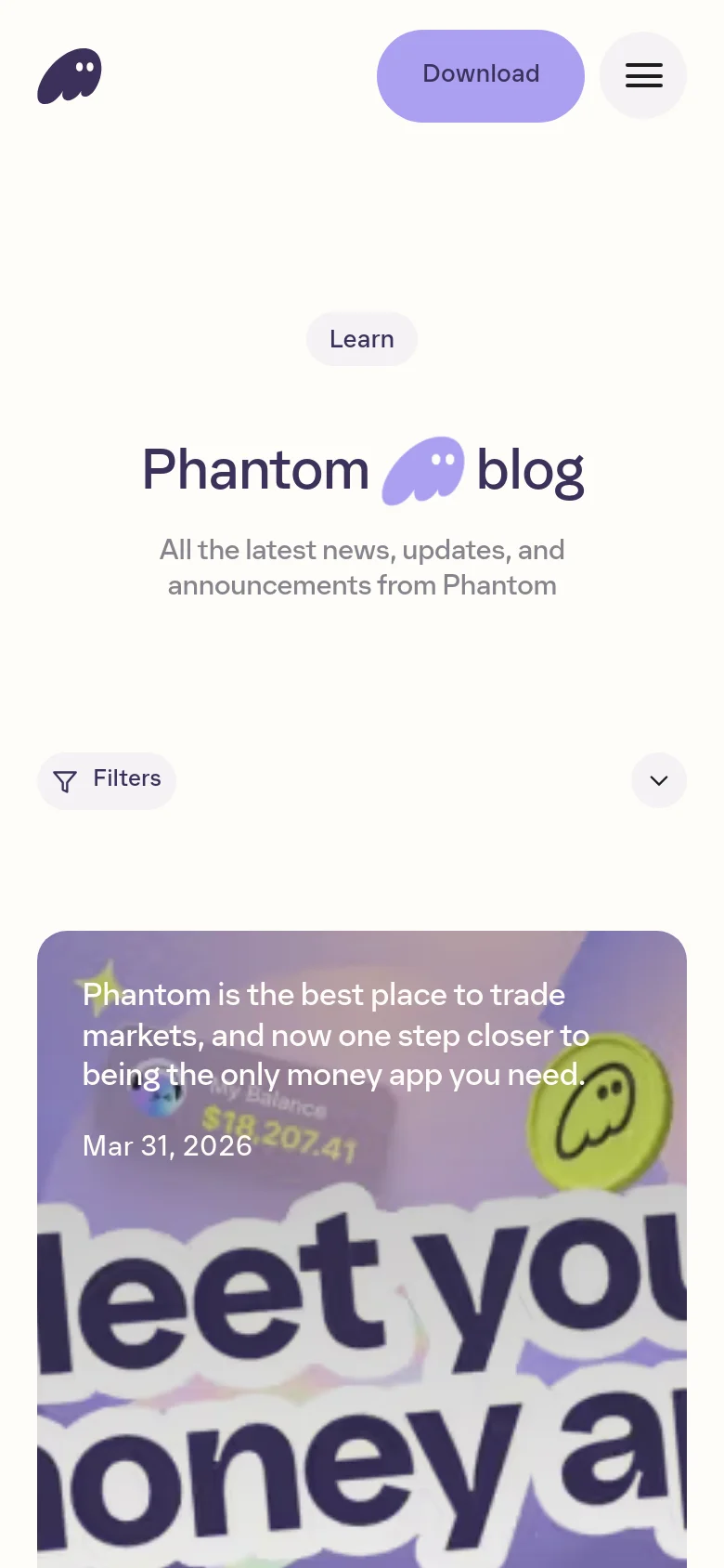 Phantom blog mobile view with a stacked layout. The header features a hamburger menu and a download button, while the hero text and filter buttons reflow into a single column for easier vertical scrolling.